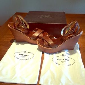 Prada brown leather wedges